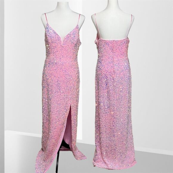B. Smart Pink Iridescent Sequin Floor Length Dress Size 13 - Picture 3 of 15